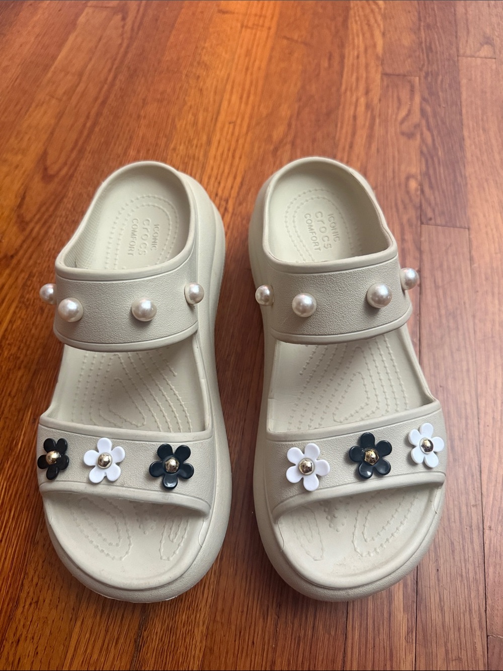 CROCS Kids Pearl & Flower Double-Strap Slides in Cream